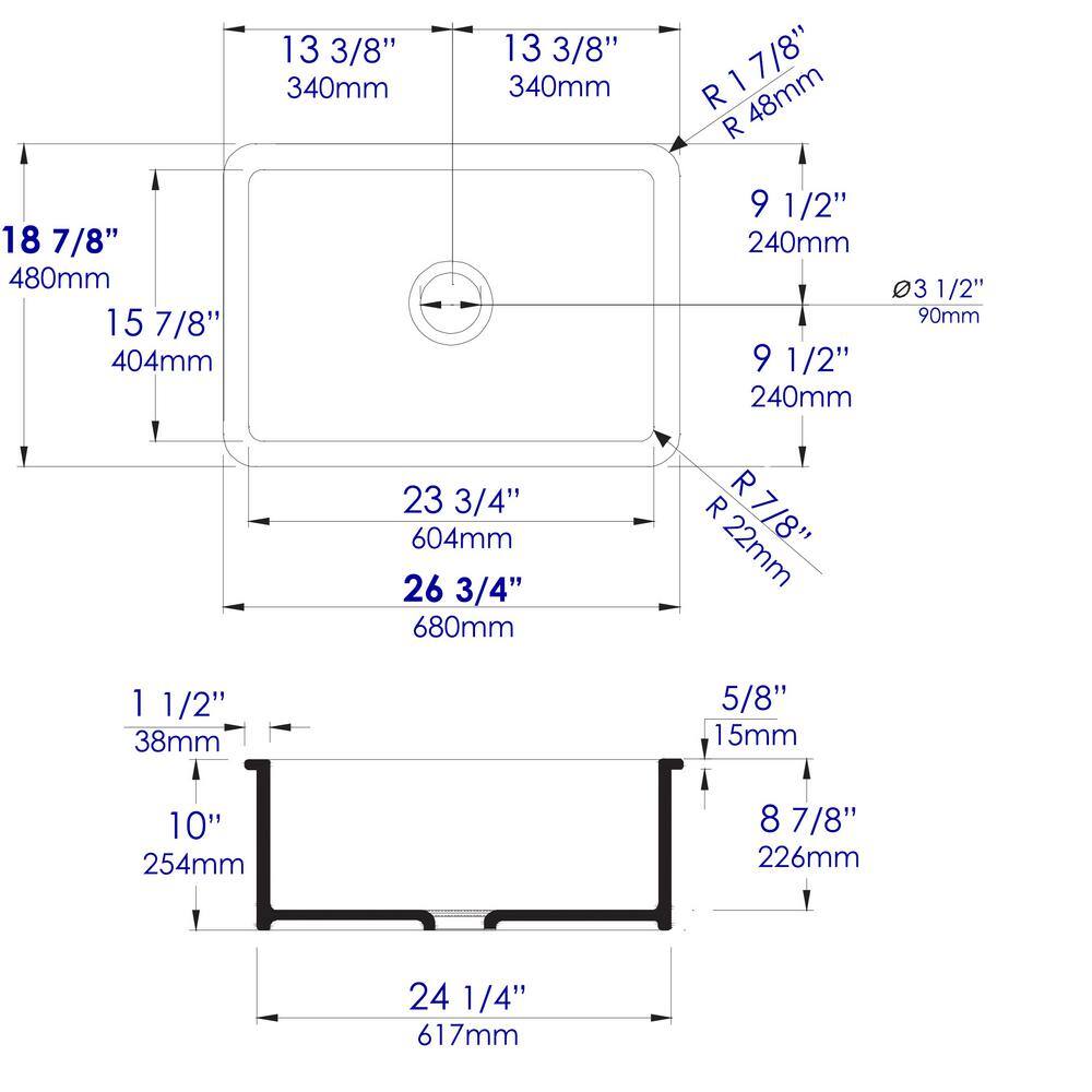 27'' White Fireclay Drop-in Single Bowl Kitchen Sink