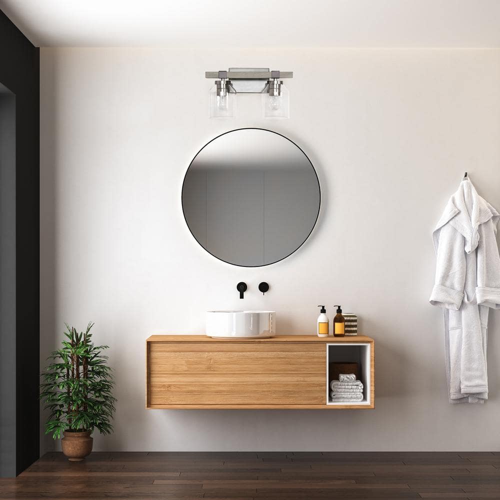 Gray and Nickel Rustic 2-Light Vanity Fixture with Clear Glass Shades