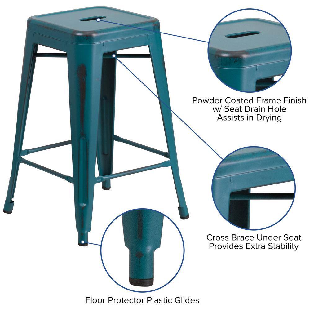 24" Kelly Blue-Teal Stackable Metal Indoor-Outdoor Counter Stool