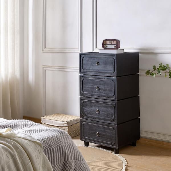 Geraint Black Transitional 4 - Drawer Nightstand with Paulownia Wood Tracks Set of 2