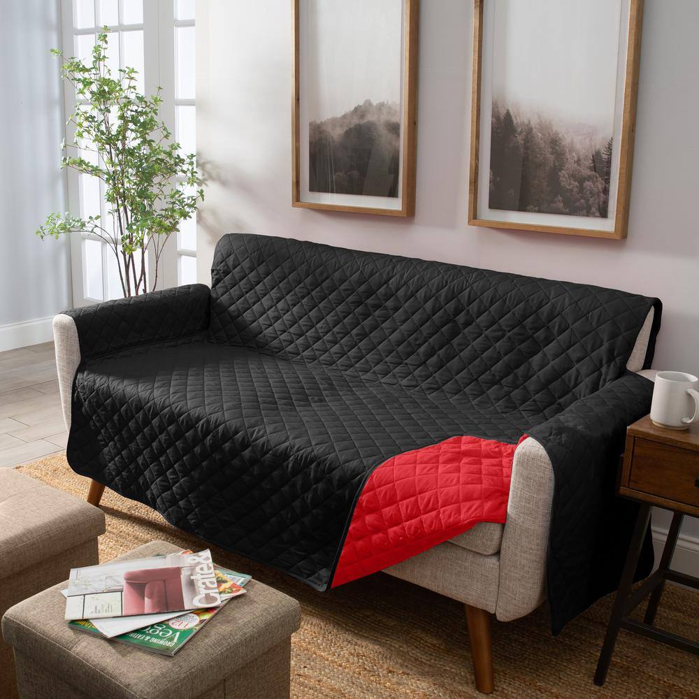 Reversible Burgundy and Black Quilted Sofa Protector