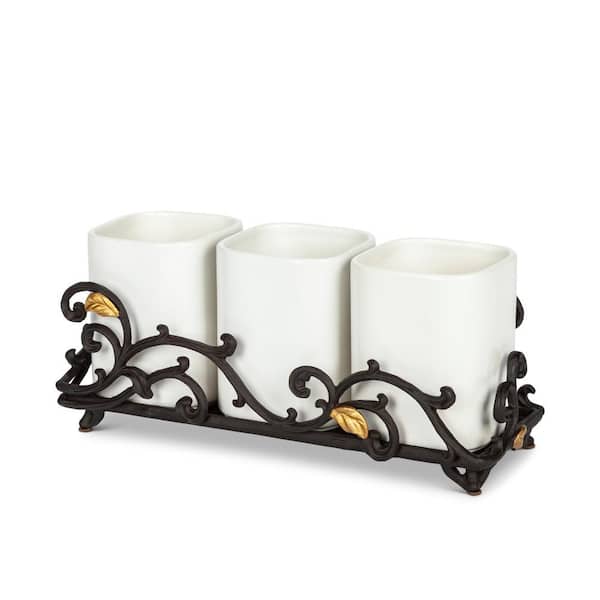 GG COLLECTION Gold Leaf Ceramic 3-vase Flatware Caddy with Espresso Brown Vines and Gold Leaf Accented Base