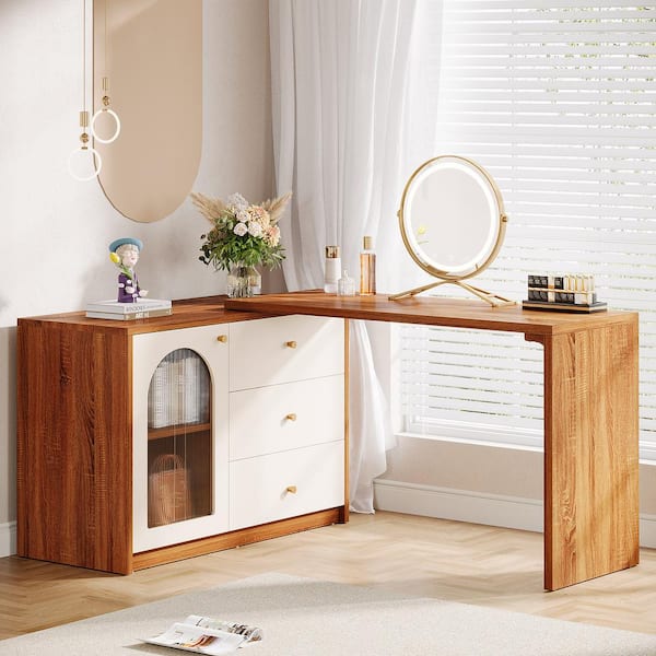 Retractable Walnut and White Makeup Vanity Table with 3-Drawers and Cabinet, L Shaped Corner Dressing Table for Bedroom