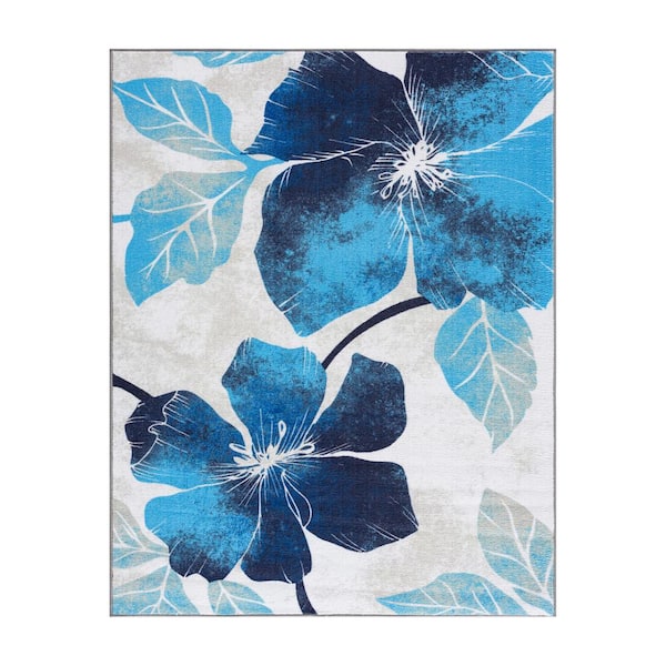 Blue/Grey 3 ft. x 5 ft. Non Skid Floral Area Rug