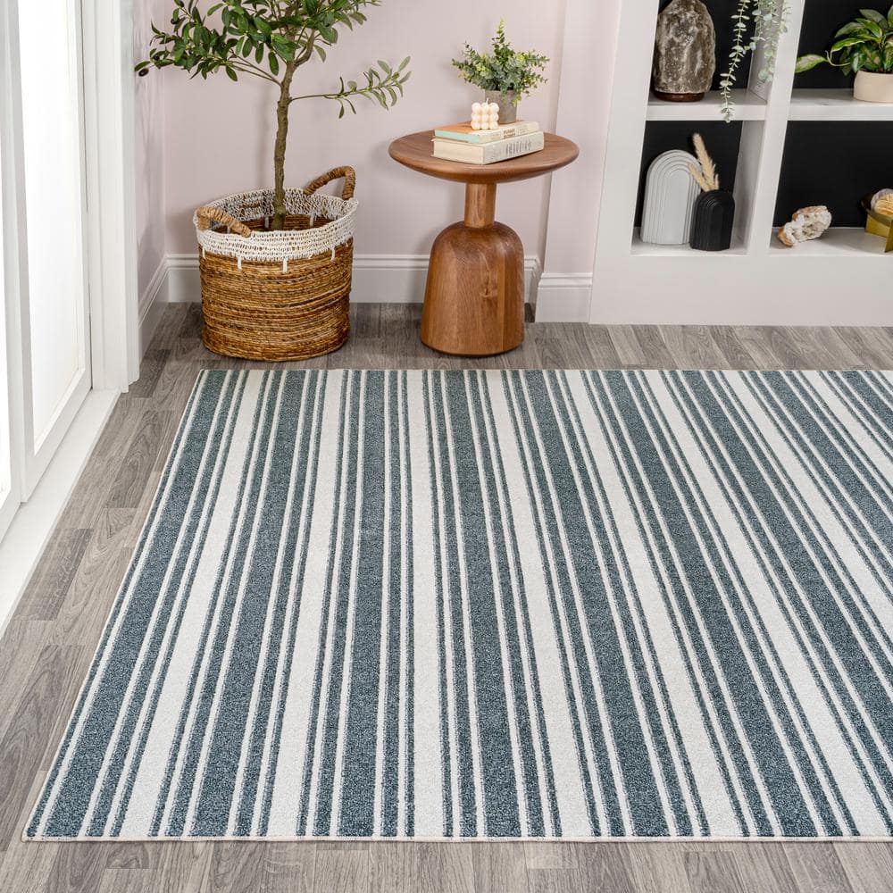 Cream and Dark Gray Striped Washable Synthetic Area Rug