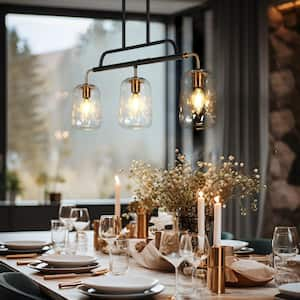 Modern 3-Light Matte Black and Plating Brass Linear Island Chandelier for Kitchen with Textured Glass Mason Jar Shades