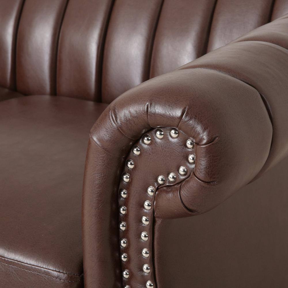 Elegant Dark Brown Faux Leather Loveseat with Espresso Wood Accents
