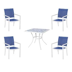 Marivaux Blue and White 5-Piece Steel Outdoor Patio Dining Set with Blue Sling Chairs (2-Box)