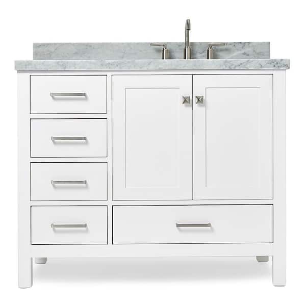 Cambridge 42 in. Single Sink Freestanding Bathroom Vanity in White with Carrara White Marble Top