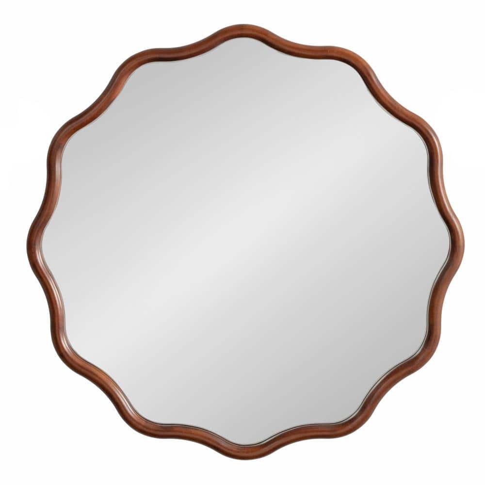 Walnut Brown 30" Round Scalloped Wood Vanity Mirror