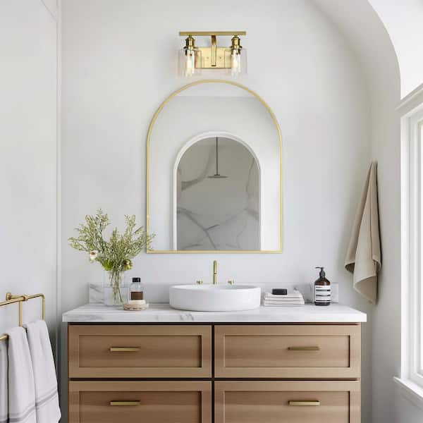 Alvra 14 in. 2-Light Plated Natural Brass Bathroom Vanity Light with Clear Glass Cylinders, Modern Vintage Wall Sconce