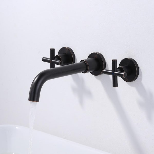 Brass Double Handle Wall Mounted Bathroom Faucet with Brass Rough-in Valve, 2-Aerators and Flange in Oil Rubbed Bronze