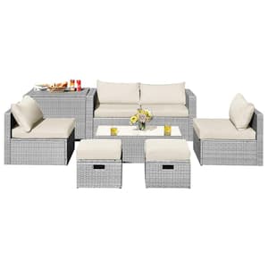 8-Piece Wicker Patio Conversation Set with White Cushion and Waterproof Cover