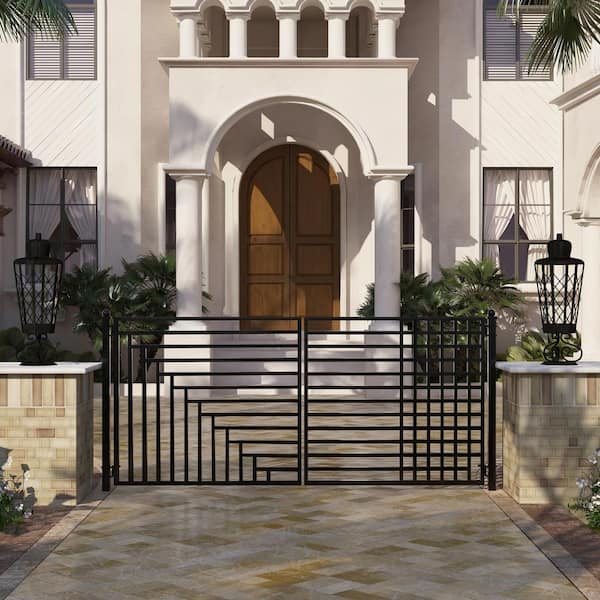 16 ft. x 6 ft. Kyiv Black Metal Steel Dual Swinging Driveway Fence Gate