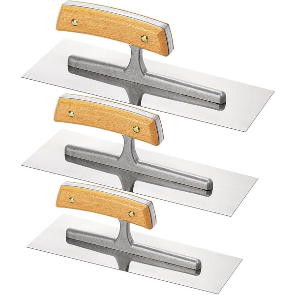 3.7 in. x 10.6 in. Stainless Steel Flat Drywall Trowel Set with Wooden Handles, 3-Pack
