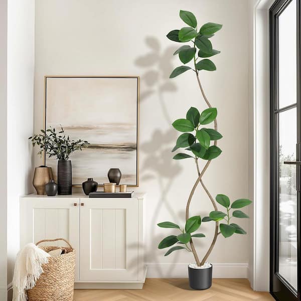 7 ft. Artificial Plants Rubber Tree with Black Pot, Faux Tree Tropical Indoor Tall Plant Fake Tree