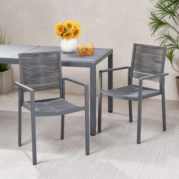 Unbranded Set of 2 Aluminum Outdoor Patio Dining Chairs with Rope Seats, Perfect for Yard Garden, Gray