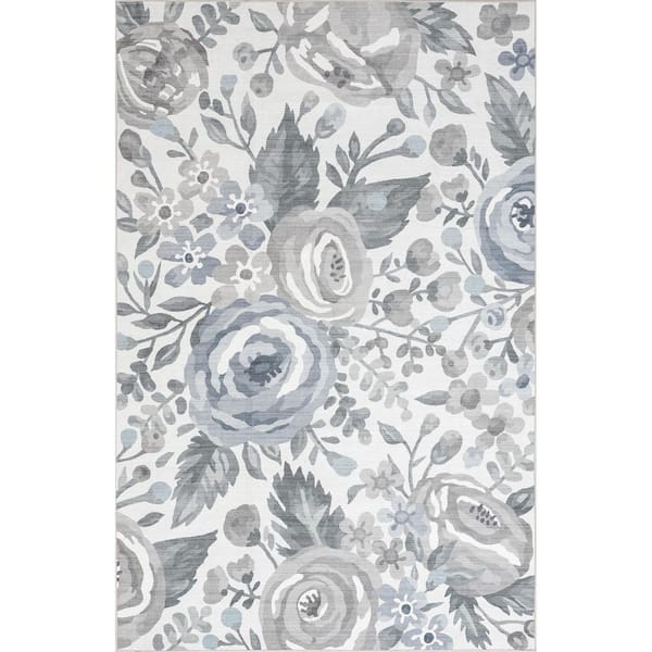 nuLOOM Tiffani Floral Machine Washable Stain-Resistant Ivory 6 ft. x 9 ft. Area Rug