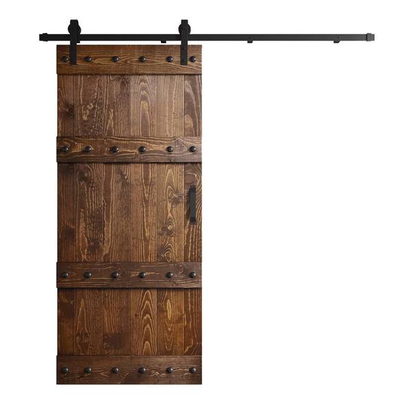 WELLHOME Castle 36 in. x 84 in. Dark Walnut Knotty Pine Wood Sliding Barn Door with Hardware Kit