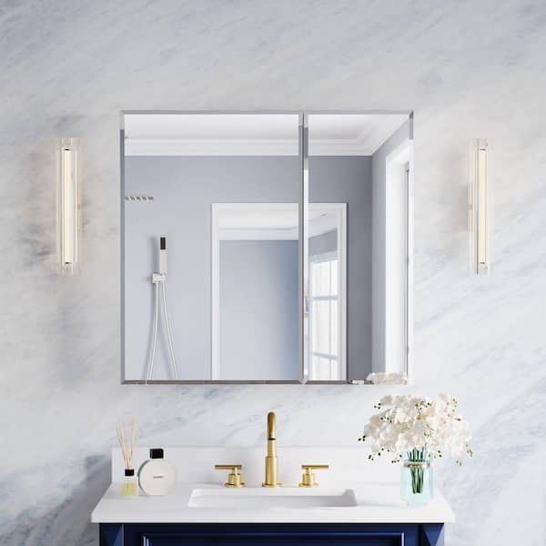 BEV 32 in. W x 30 in. H Rectangular Aluminum Tri-View Modular Medicine Cabinet with Beveled-Edge Mirror, BLUM Soft-Close