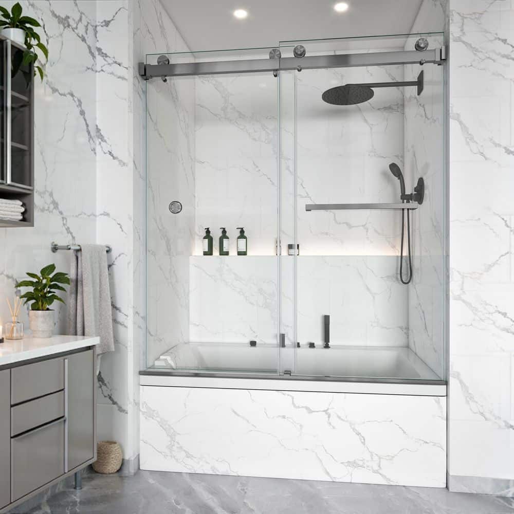 56-61 in. W x 66 in. H Double Sliding Frameless Tub Door in  Gungray with 3/8 in. Clear SGCC Tempered Glass price history on PriceWatchPro