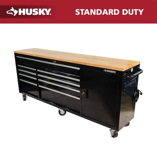 84 in. W x 18 in. D 9-Drawer Mobile Workbench with Wood Top in Gloss Black