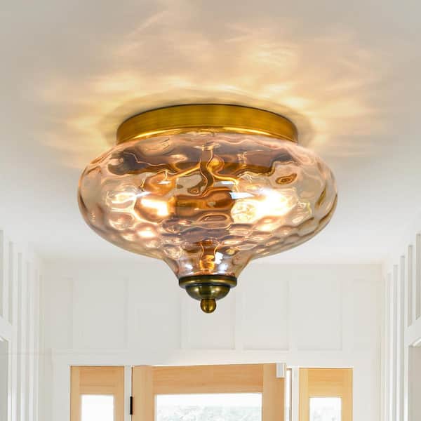 HUOKU Lumin 9 in.Dia 2-Light Mid-Century Antique Gold Flush Mount Empire Ceiling Light with Hammered Glass shade for Hallway