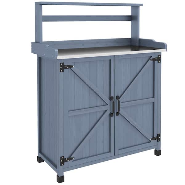 Zeus & Ruta 35.75 in. W x 49 in. H Gray Wooden Potting Table Bench with Storage Cabinet and 2 Shelves for Backyard, Balcony