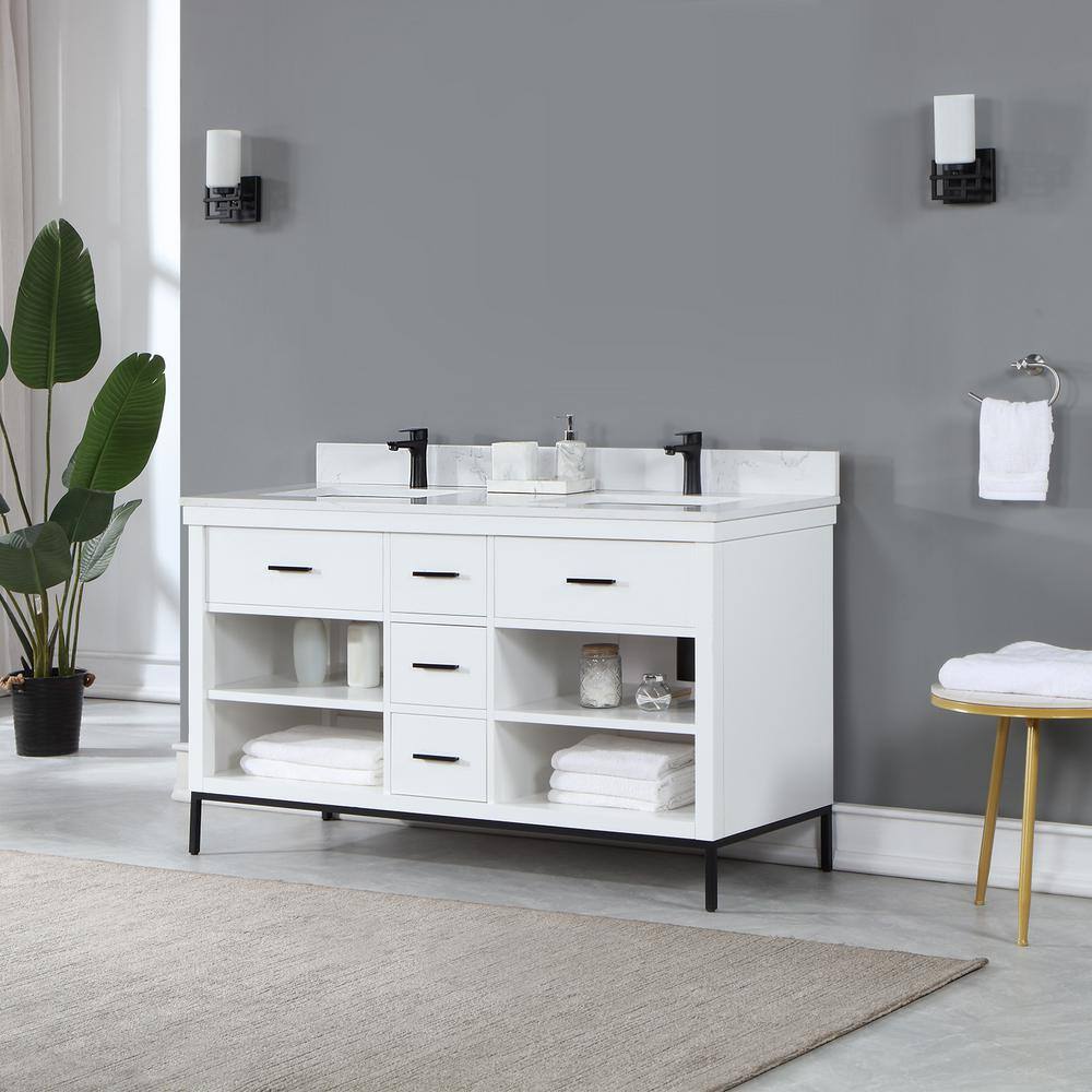 Kesia 60" White Double Bathroom Vanity with Composite Stone Top