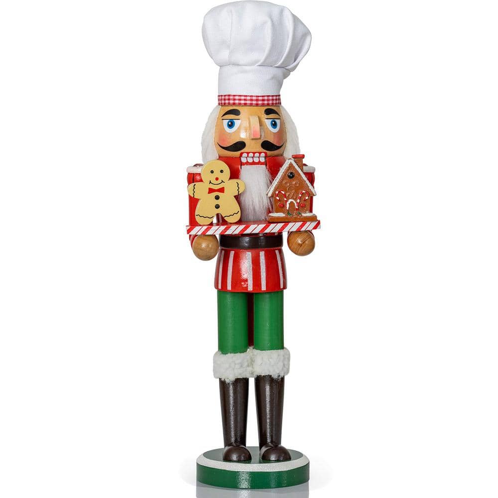 Ornativity Christmas Chef Nutcracker Figure Wooden Chef Hat Nutcracker with Gingerbread Man and House Holiday Decoration
