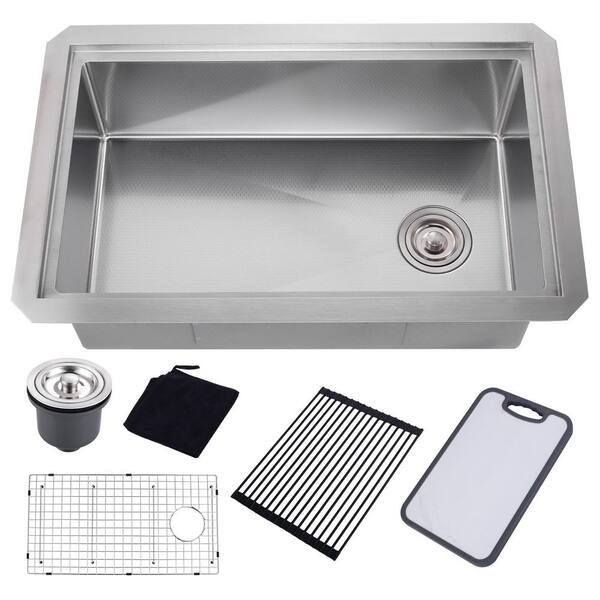 32 in. Drop-in/Undermount Single Bowl 16-Gauge Brushed Nickel Stainless Steel Kitchen Sink with Bottom Grids