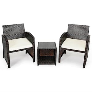 3-Piece Wicker PE Rattan Patio Conversation Set with White Cushion Sofa Coffee Table for Garden