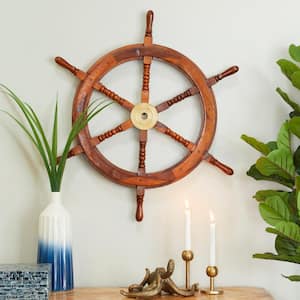 30 in. x  30 in. Wood Brown Ship Wheel Sail Boat Wall Decor with Gold Hardware