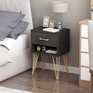 1-Drawer Black Nightstands with Metal Legs and Open Shelf Side Table BedSide Table 23.6 in. H x 15.7 in. W x 11.8 in. D