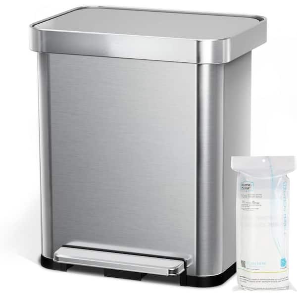 Home Zone Living 13 Gal. Silver Stainless Steel Kitchen Trash Can with Step-On Pedal and Slow Closing Lid, Virtuoso Collection