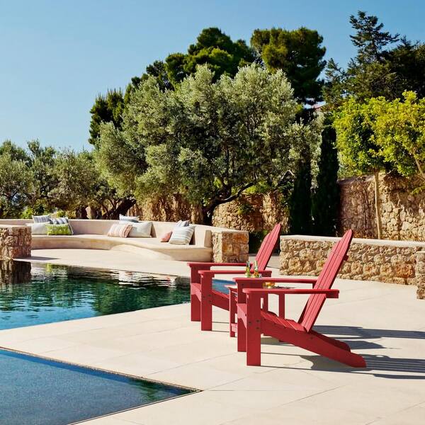 Hampton Curveback Red Recycled HDPS Plastic Outdoor Patio Adirondack Chair with Cup Holder Fire Pit Chair Set of 8