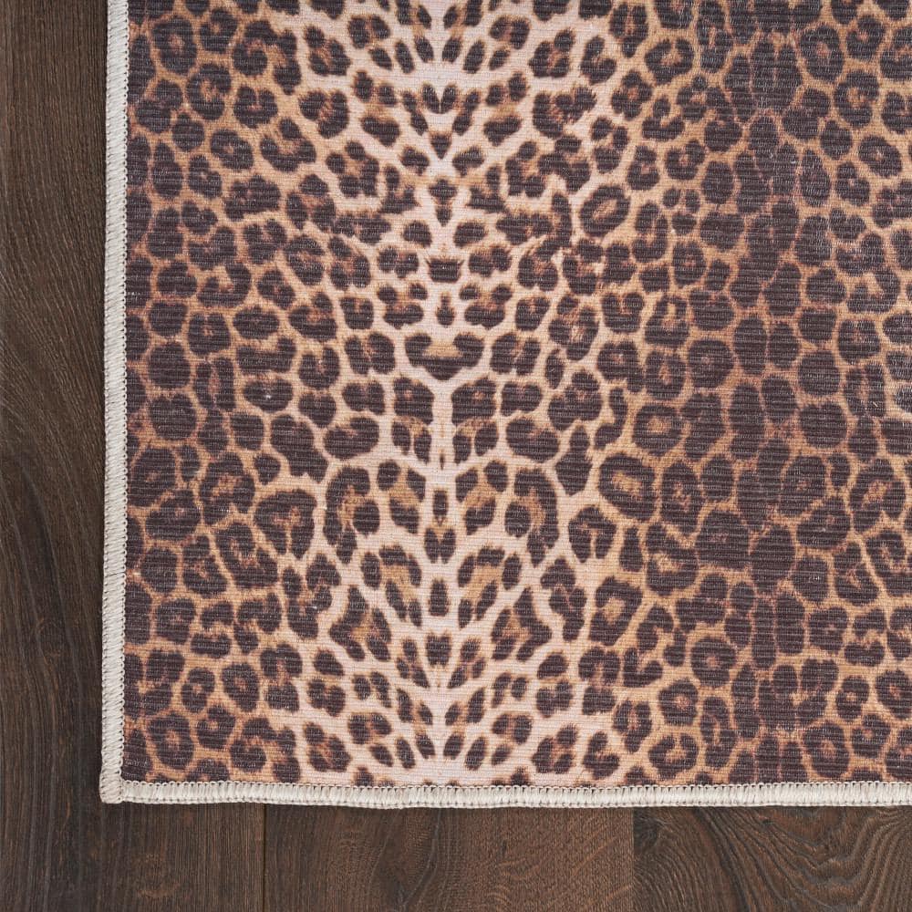 Leopard Print Brown and Beige Rectangular Washable Area Rug