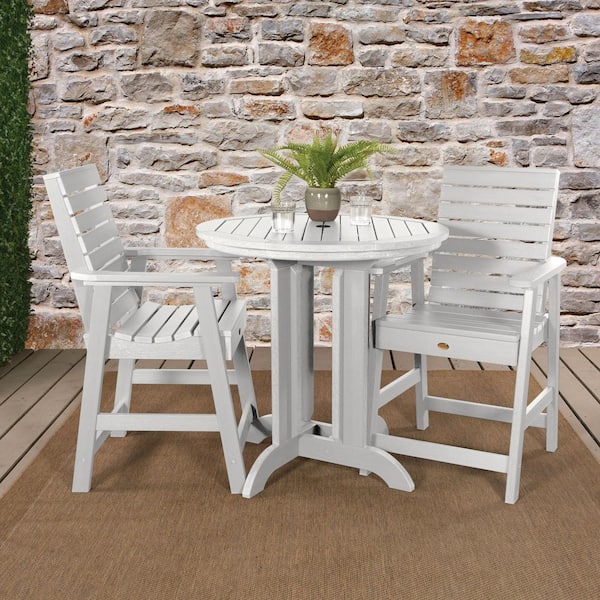 Highwood Weatherly White 3-Piece Recycled Plastic Round Outdoor Balcony Height Dining Set