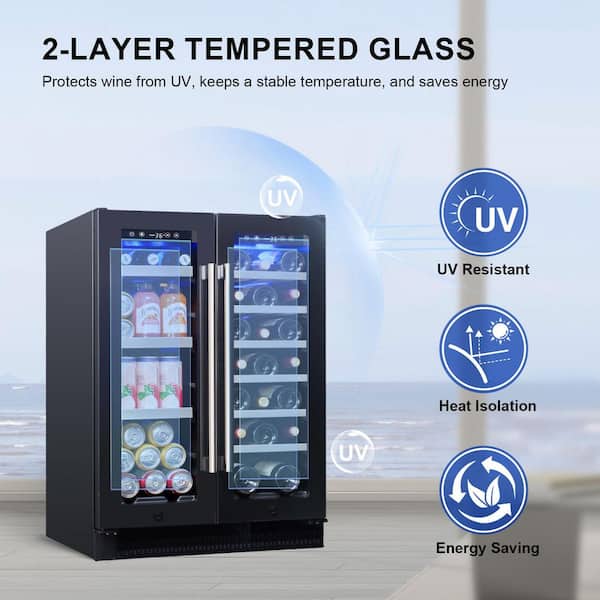 24 in. Dual Zone 20 Bottles and 60 Cans Wine and Beverage Refrigerator in Black, Built-in or Under-Counter