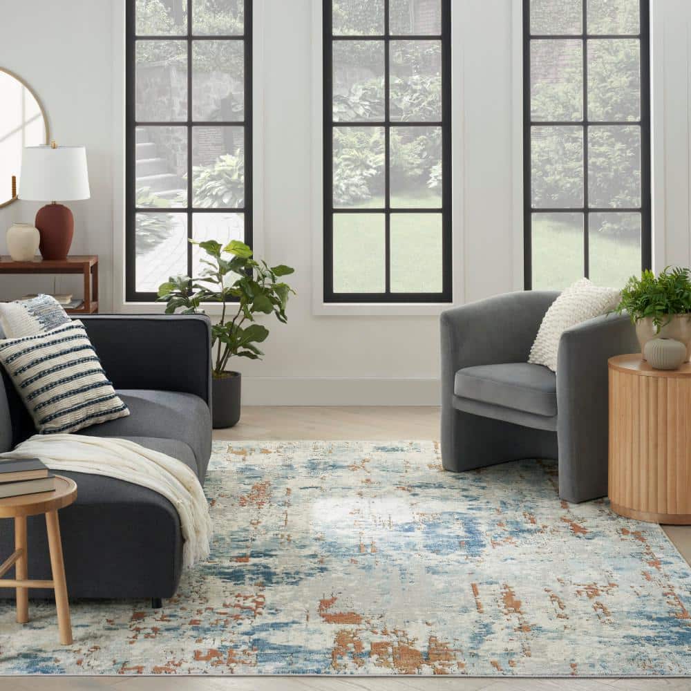 Handmade Beige Blue Rust Rectangular Abstract Synthetic Rug 8' x 10'