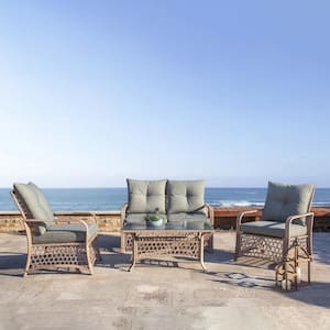 4-Piece Outdoor Wicker Patio Conversation Set with Gray Cushions