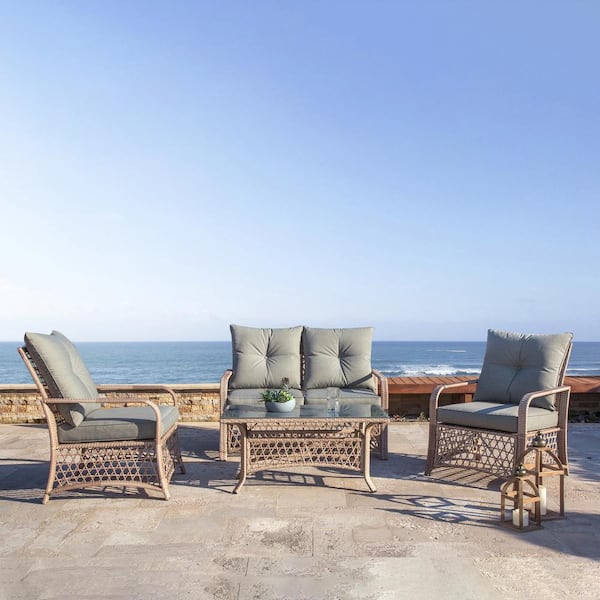 Glitzhome 4-Piece Outdoor Wicker Patio Conversation Set with Gray Cushions