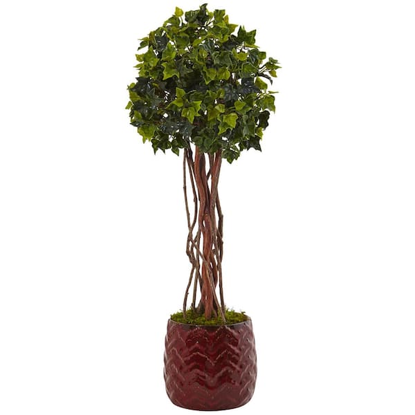 Nearly Natural Indoor/Outdoor English Ivy Artificial Tree in Red Planter, UV Resistant