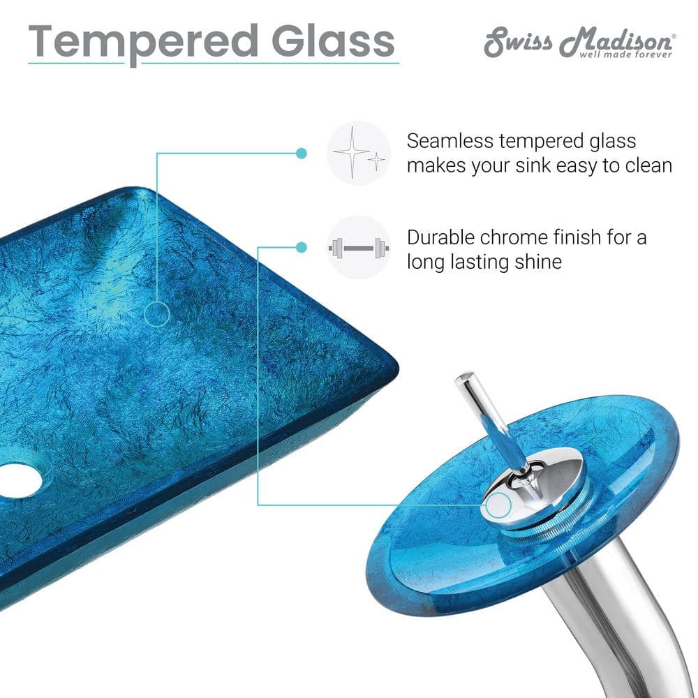 Cascade Ocean Blue Rectangular Glass Vessel Sink with Faucet