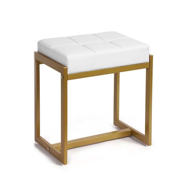 dressing table stool gold legs White Gold Finish Faux Leather 17.5 in. Tall Makeup Vanity Stool Modern Gold  Metal Legs Compact Easy Assembly Bench 29E997PH033