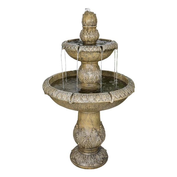 Watnature 47.2 in. Cement Pedestal Waterfall Fountain Outdoor Floor 2-Tier Pedestal Water Fountain and Birdbath for Patio, Garden