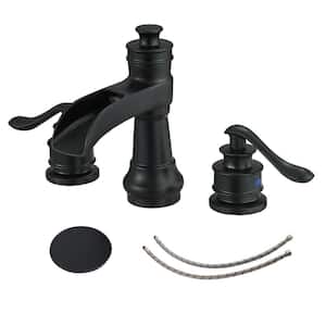 Matte Black Bathroom Faucet 3-Hole, 8 In. Widespread Double Handle Bathroom Faucet with Pop-up Drain Assembly