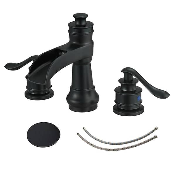 Unbranded Matte Black Bathroom Faucet 3-Hole, 8 In. Widespread Double Handle Bathroom Faucet with Pop-up Drain Assembly