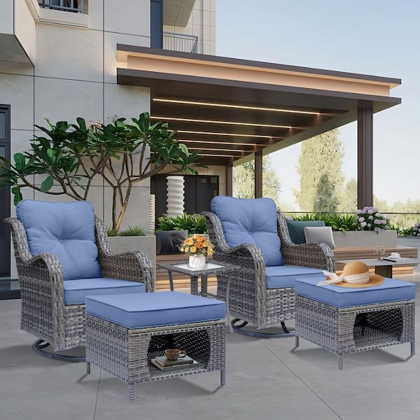 Gray 5-Piece Wicker Patio Conversation Set Swivel Rocking Chairs with Ottomans Side Table Denim Blue Cushions