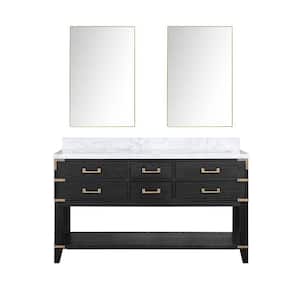 Irvington 60 in W x 22 in D Black Oak Double Bath Vanity, Carrara Marble Top, and 28 in Mirrors